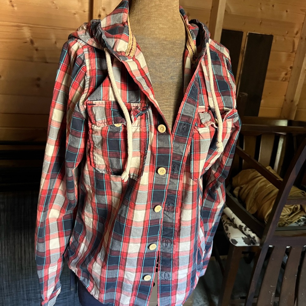 Hollister Plaid Button-Up Hooded Shirt